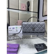 CLUTCH WITH CHAIN AP3566 Shiny Crumpled Calfskin, Strass & Ruthenium-Finish Metal Grey A