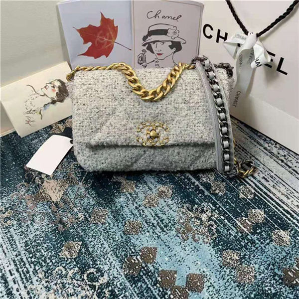 Chanel 19 Flap Bag Tweed, Gold-Tone, Silver-Tone & Ruthenium-Finish Metal Gray & Ecru High