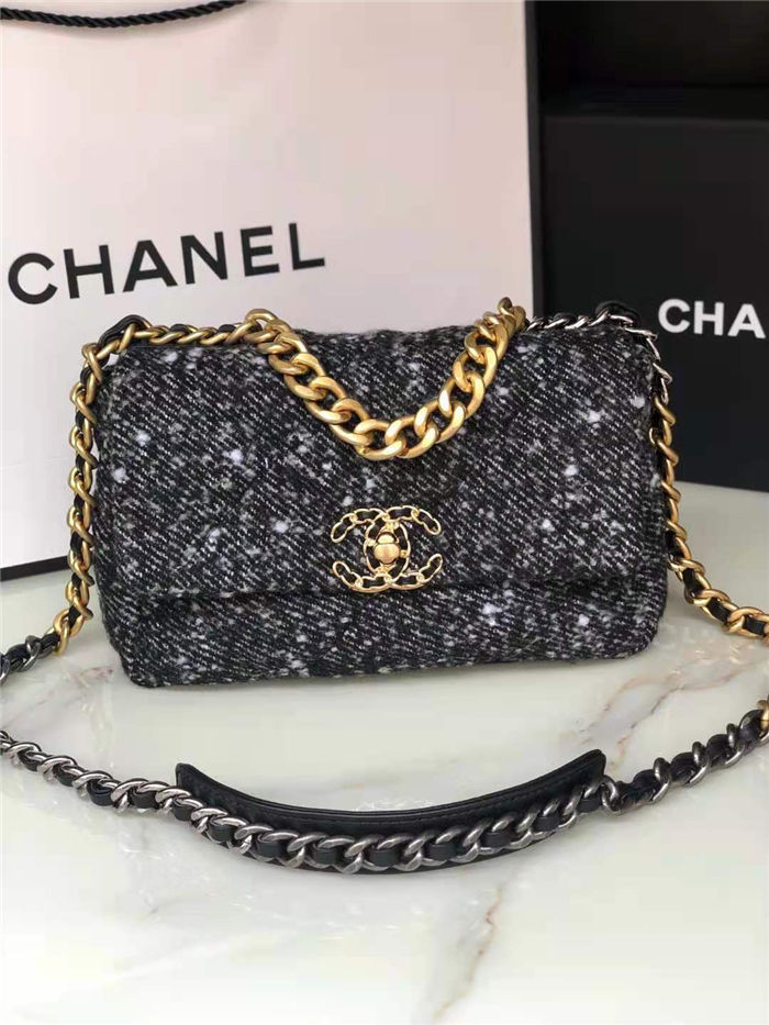 Chanel 19 Flap Bag Tweed, Gold-Tone, Silver-Tone & Ruthenium-Finish Metal Black & Ecru High