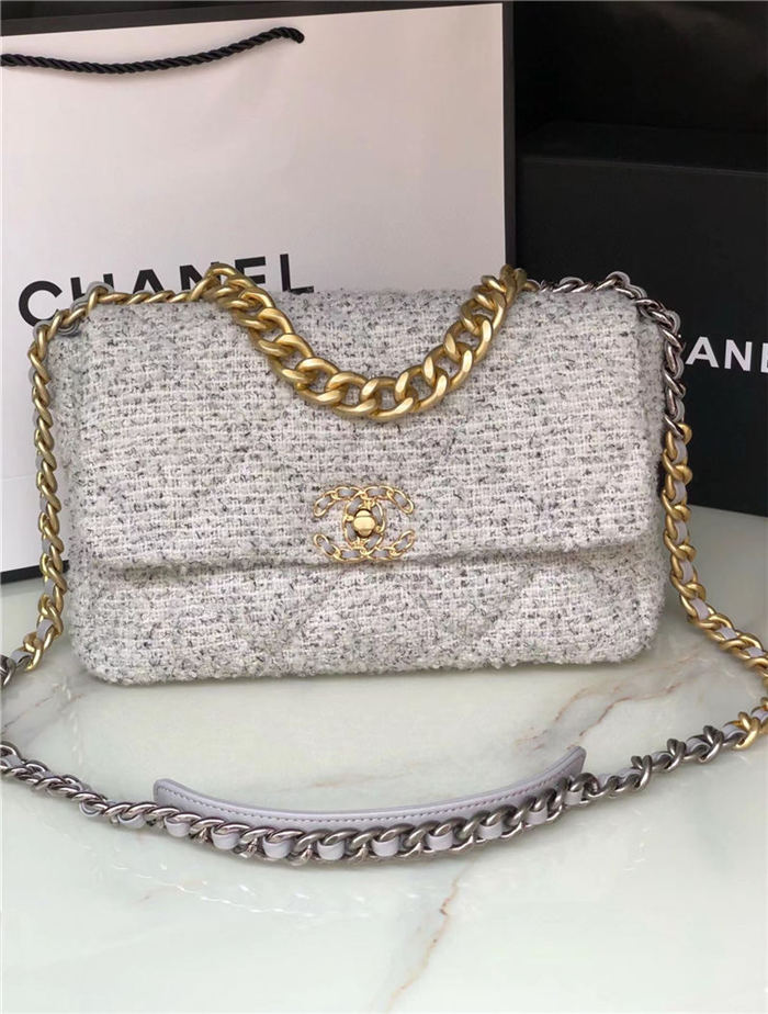 Large Chanel 19 Flap Bag Tweed, Gold-Tone, Silver-Tone & Ruthenium-Finish Metal Gray & Ecru High