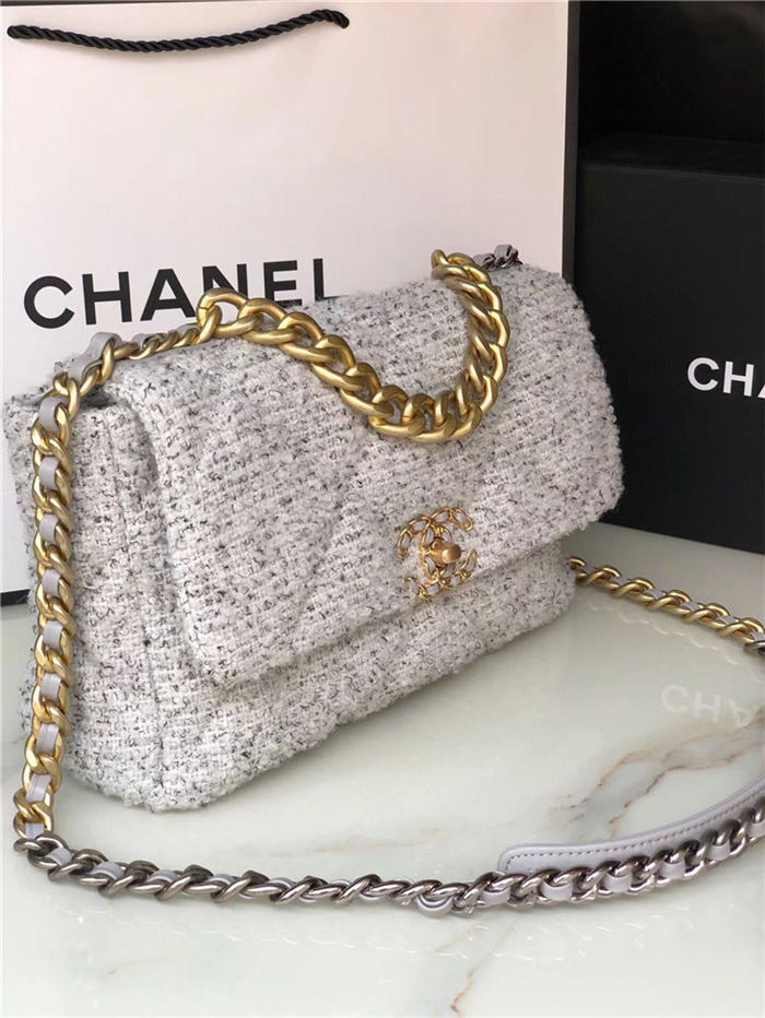 Large Chanel 19 Flap Bag Tweed, Gold-Tone, Silver-Tone & Ruthenium-Finish Metal Gray & Ecru High