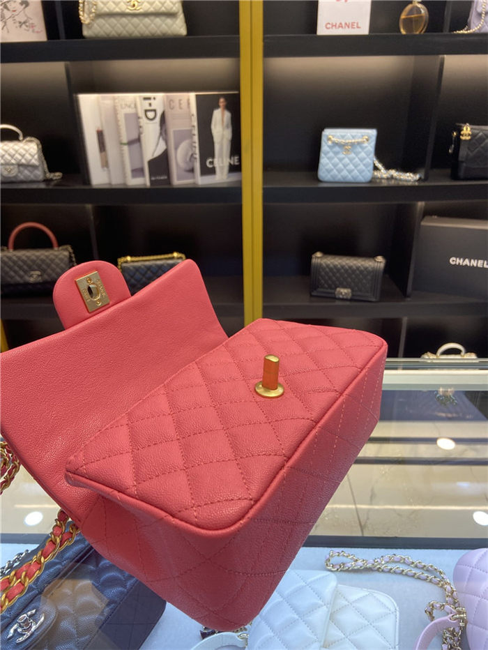 MINI FLAP BAG WITH TOP HANDLE AS2431 Grained Calfskin & Gold-Tone Metal Rose Red High