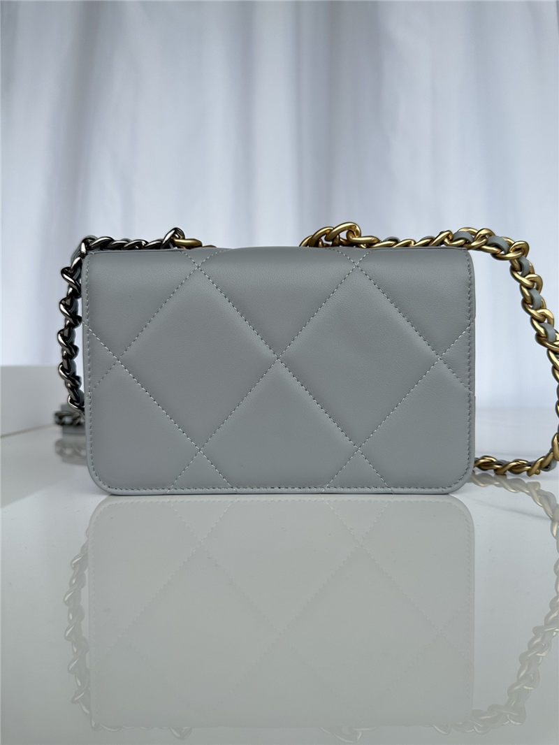 Chanel 19 WALLET ON CHAIN-A Shiny Lambskin, Gold/Silver-Tone & Ruthenium-Finish Metal Grey A