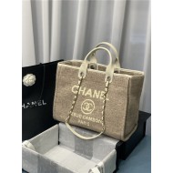 LARGE SHOPPING BAG Mixed Fibers & Silver-Tone Metal Khaki High