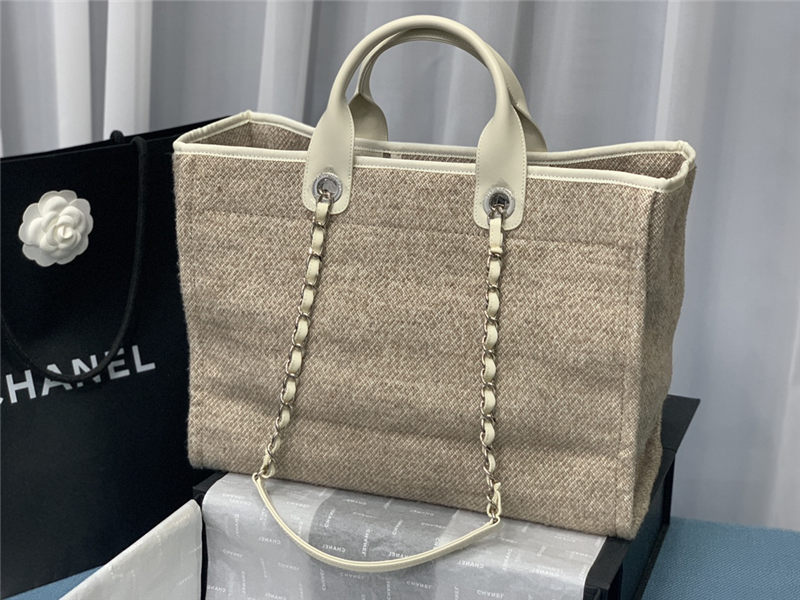 LARGE SHOPPING BAG Mixed Fibers & Silver-Tone Metal Khaki High