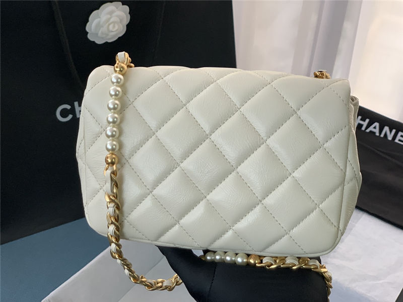 MINI FLAP BAG Calfskin, Imitation Pearls & Gold-Tone Metal White High