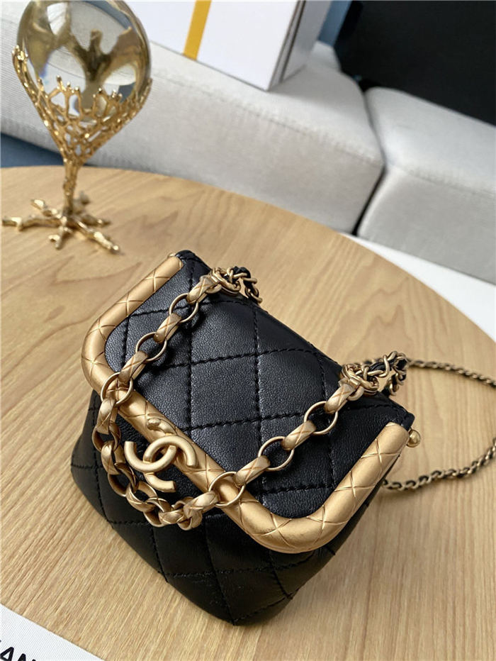 MINI Chanel KISS LOCK BAG Lambskin Gold-Tone Metal White High