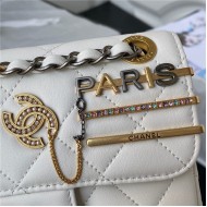 MINI FLAP BAG Lambskin, Glass Pearls, Imitation Pearls, Strass, Gold, Silver & Ruthenium Finish Metal White A