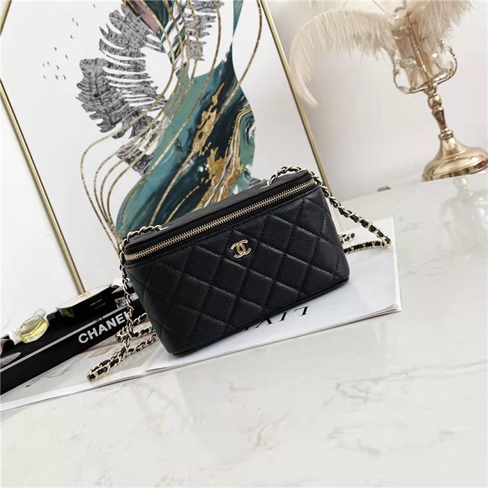 Chanel Vanity with Chain Grained Calfskin Gold Metal Black High