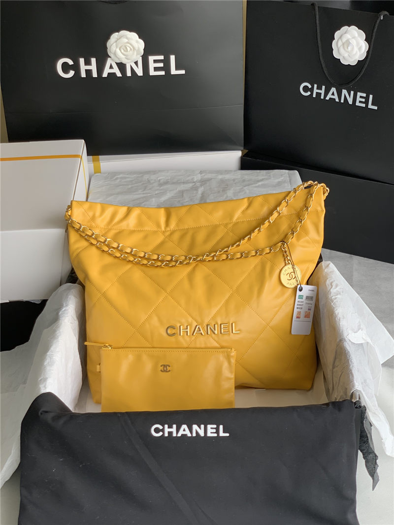 Chanel 22 MEDIUM HANDBAG Shiny Calfskin & Gold-Tone Metal AS3261 Yellow High