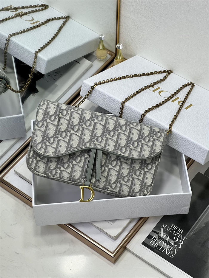 Saddle Pouch with Chain Dior Oblique Jacquard Grey High