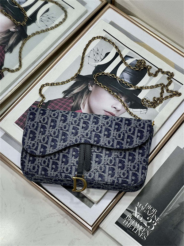 Saddle Pouch with Chain Dior Oblique Jacquard Denim High