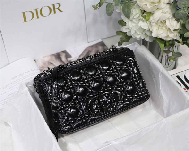 MEDIUM Dior CARO BAG Crinkled Patent Lambskin Black High