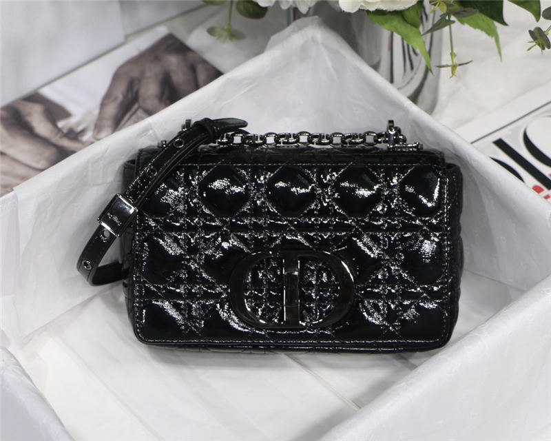 SMALL Dior CARO BAG Crinkled Patent Calfskin Black High