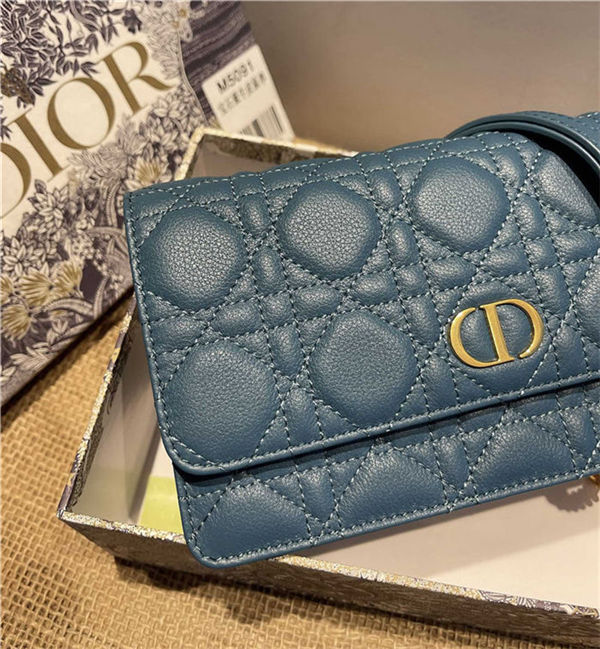 Dior CARO BELT POUCH WITH CHAIN Supple Cannage Calfskin Steel Blue High