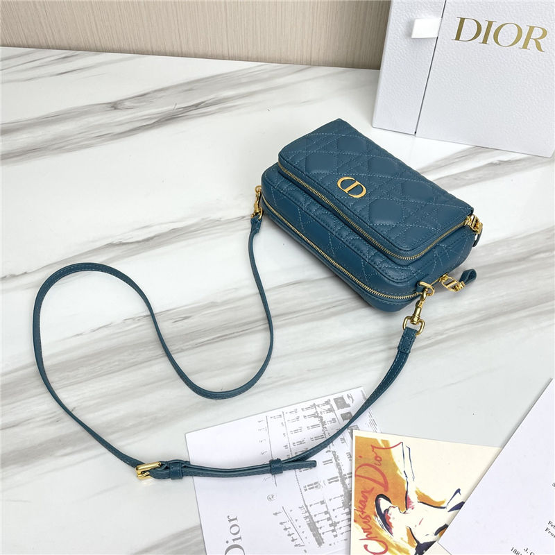 Dior CARO DOUBLE POUCH Supple Cannage Calfskin Steel Blue High