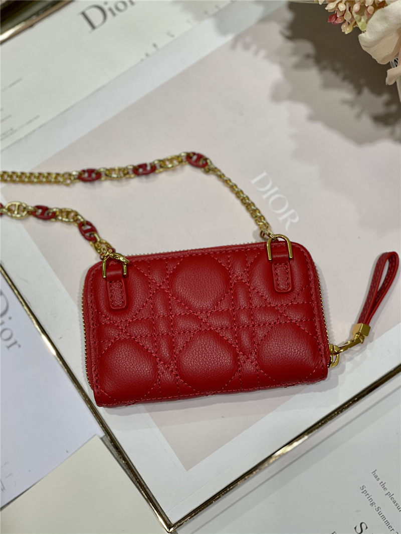 MINI Dior CARO ZIPPED POUCH Cannage Lambskin Red High