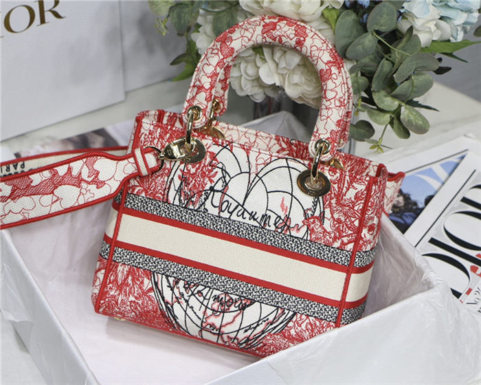 MEDIUM LADY D-LITE BAG D-Royaume d'Amour Embroidery Red and White High