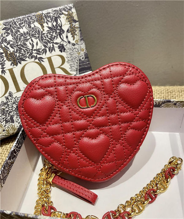 DiorAMOUR Dior CARO HEART POUCH WITH CHAIN Cannage Calfskin with Heart Motif Red High