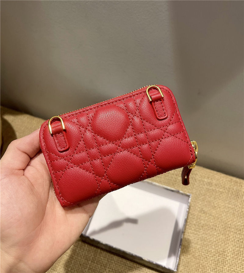 Dior CARO DETACHABLE CARD HOLDER Supple Cannage Calfskin Red High