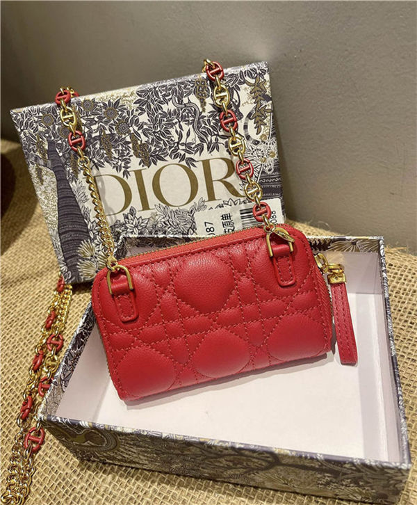 Dior CARO DETACHABLE CARD HOLDER Supple Cannage Calfskin Red High