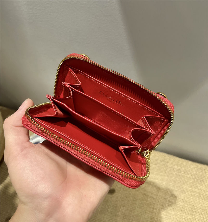 Dior CARO DETACHABLE CARD HOLDER Supple Cannage Calfskin Red High