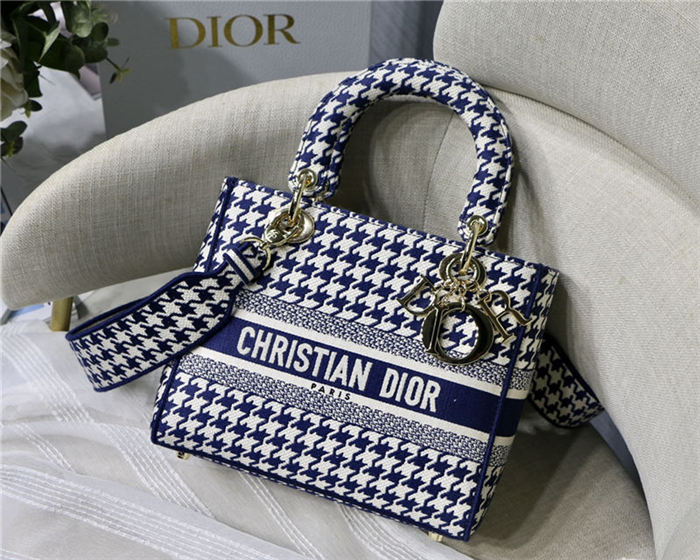 MEDIUM LADY D-LITE BAG Houndstooth Embroidery Blue High