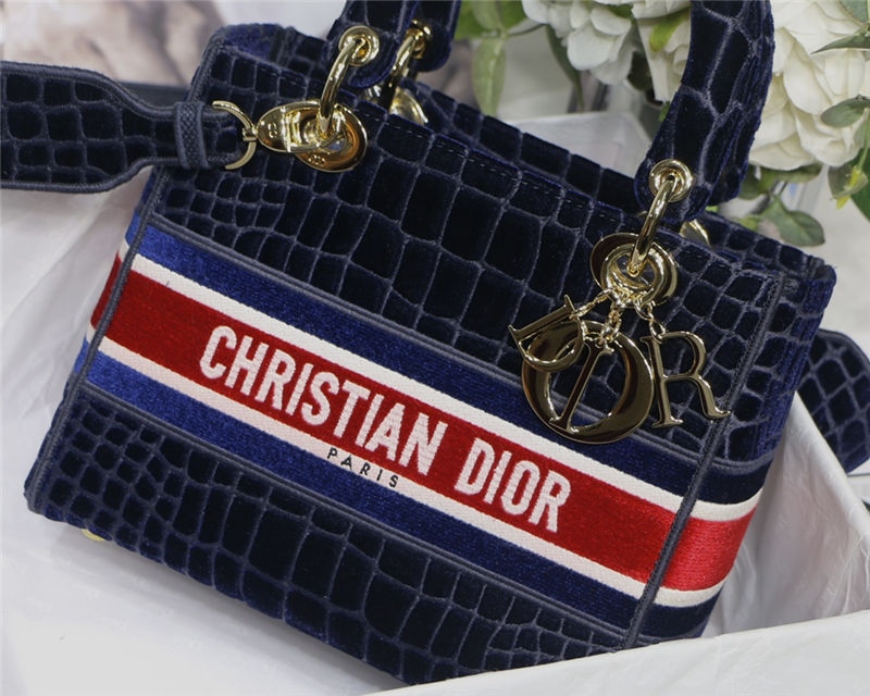 MEDIUM LADY D-LITE BAG Crocodile-Effect Embroidered Velvet Blue High