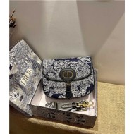 LARGE Dior BOBBY BAG Toile De Jouy Reverse with Blue Dior Oblique Embroidered Strap Blue High