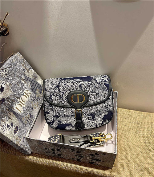 LARGE Dior BOBBY BAG Toile De Jouy Reverse with Blue Dior Oblique Embroidered Strap Blue High