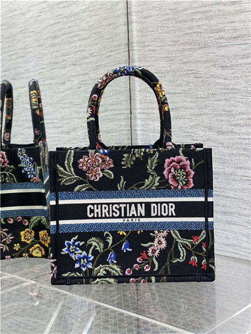 SMALL Dior BOOK TOTE Dior Petites Fleurs Embroidery Black High