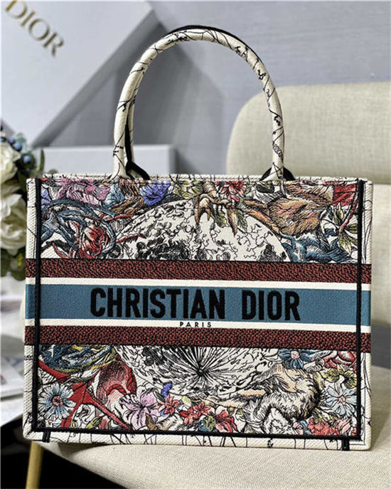 MEDIUM Dior BOOK TOTE Latte Multicolor Dior Constellation Embroidery High