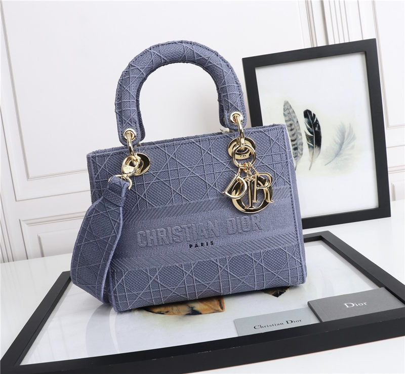 MEDIUM LADY D-LITE BAG Cannage Embroidery Denim Blue High