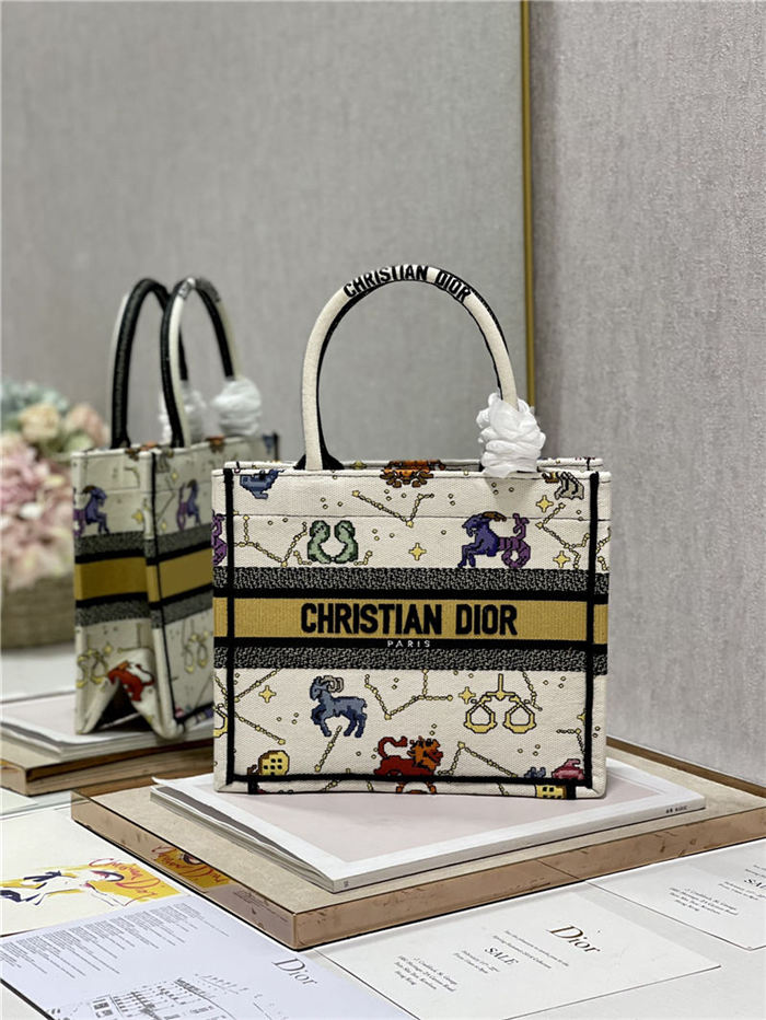 SMALL Dior BOOK TOTE Dior Pixel Zodiac Embroidery White High