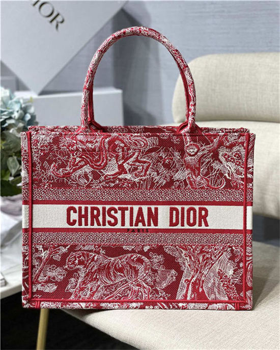 MEDIUM Dior BOOK TOTE Toile de Jouy Reverse Embroidery Red High