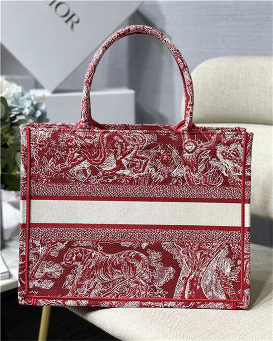 MEDIUM Dior BOOK TOTE Toile de Jouy Reverse Embroidery Red High