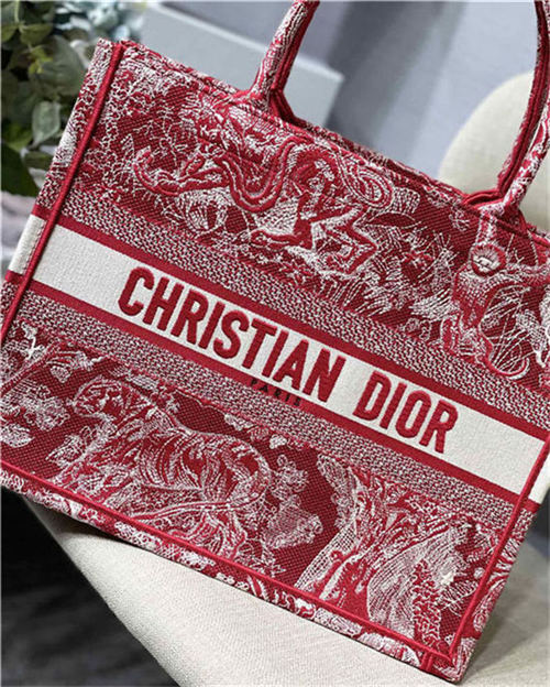 MEDIUM Dior BOOK TOTE Toile de Jouy Reverse Embroidery Red High