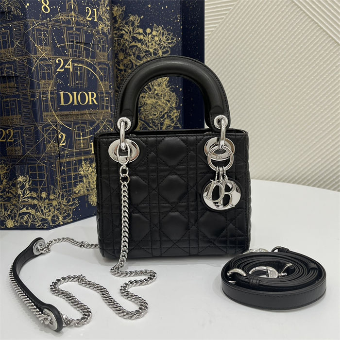 MINI LADY Dior BAG Cannage Lambskin Silver Metal Black High