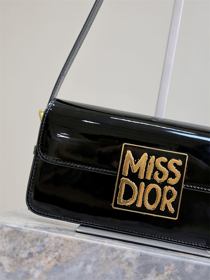 MISS DIOR FLAP BAG Patent Calfskin Black High