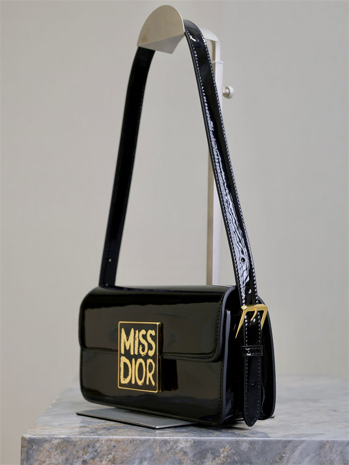 MISS DIOR FLAP BAG Patent Calfskin Black High