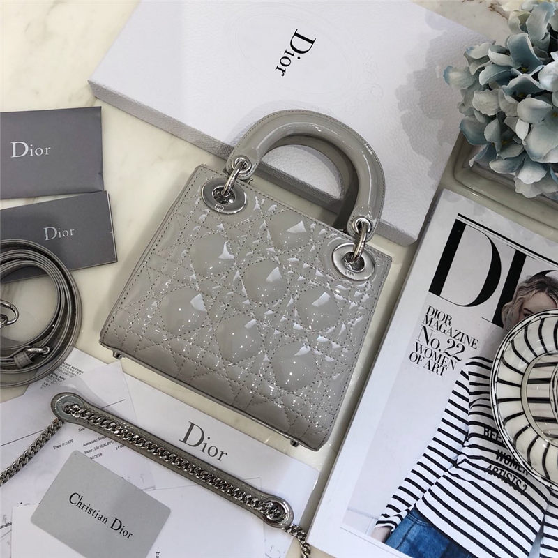 MINI LADY Dior BAG Patent Cannage Calfskin Silver Metal Grey High