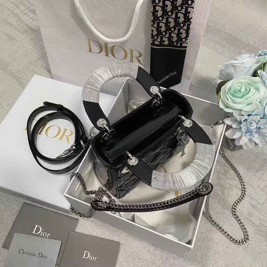 MINI LADY Dior BAG Patent Cannage Calfskin Silver Metal Black High