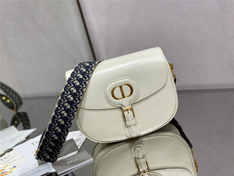 LARGE Dior BOBBY BAG Box Calfskin with Blue Dior Oblique Embroidered Strap Latte High