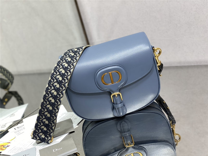 LARGE Dior BOBBY BAG Box Calfskin with Blue Dior Oblique Embroidered Strap Denim Blue High