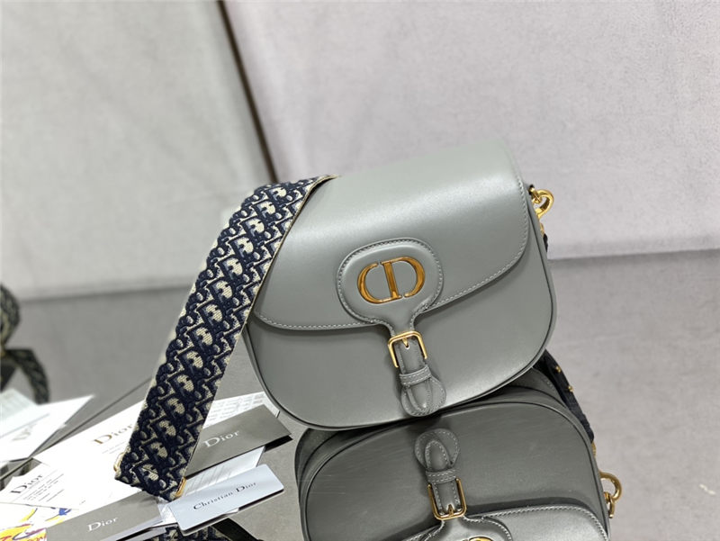 LARGE Dior BOBBY BAG Box Calfskin with Blue Dior Oblique Embroidered Strap Gray High