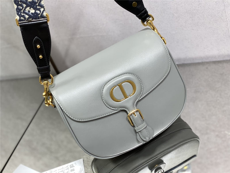 LARGE Dior BOBBY BAG Box Calfskin with Blue Dior Oblique Embroidered Strap Gray High