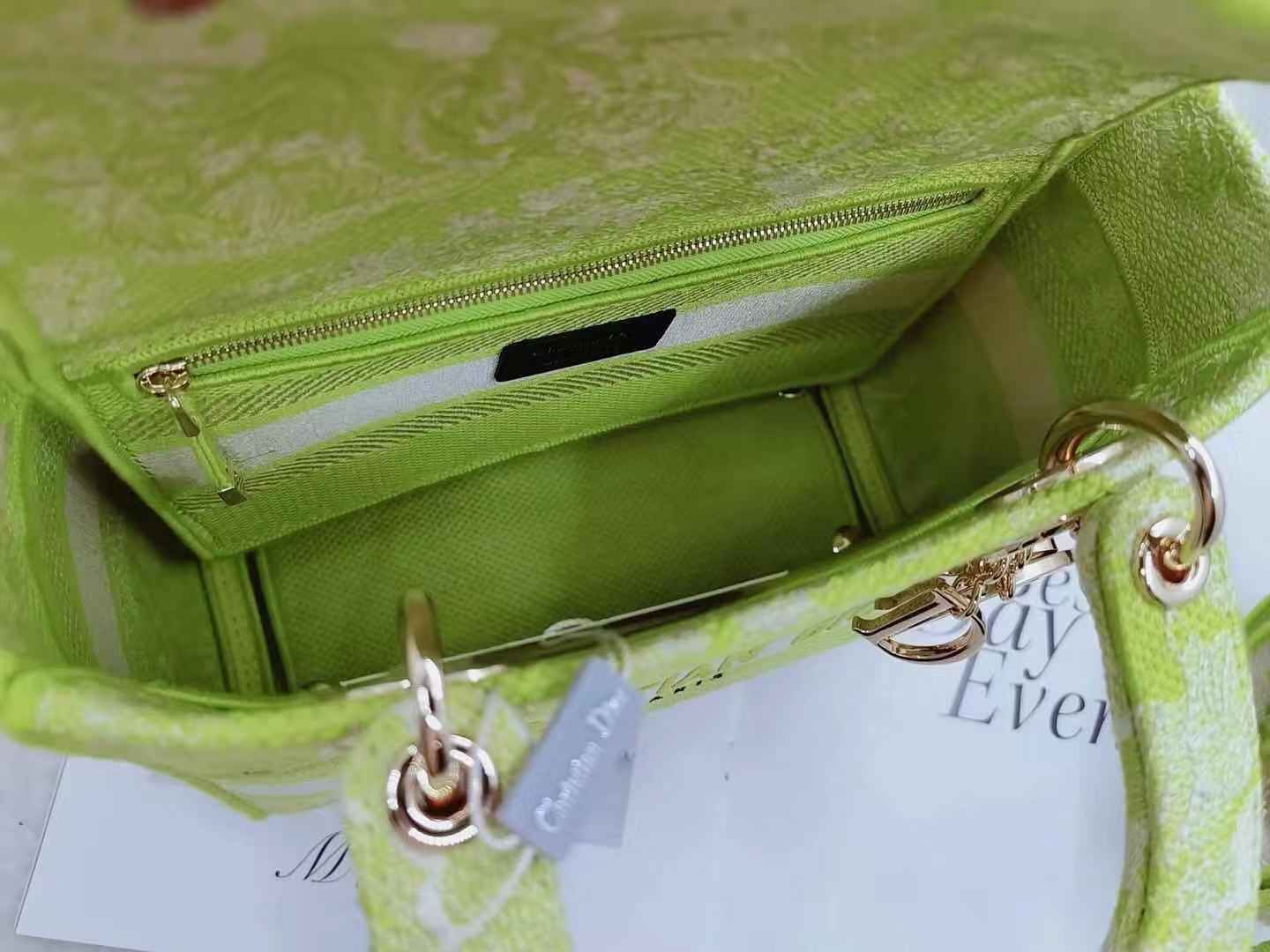 MEDIUM LADY D-LITE BAG Toile de Jouy Reverse Embroidery Lime High