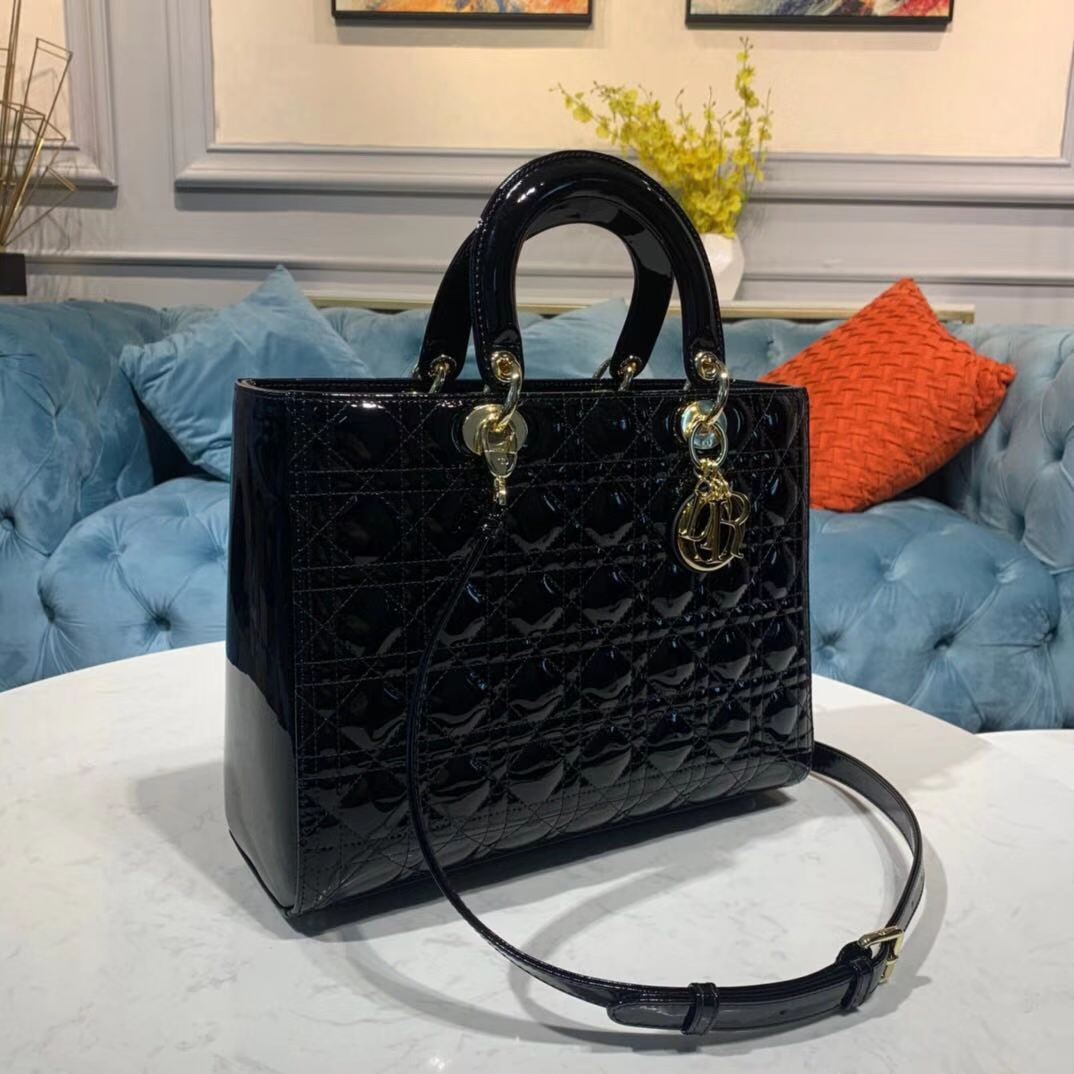 LARGE LADY Dior BAG Patent Cannage Calfskin Black High