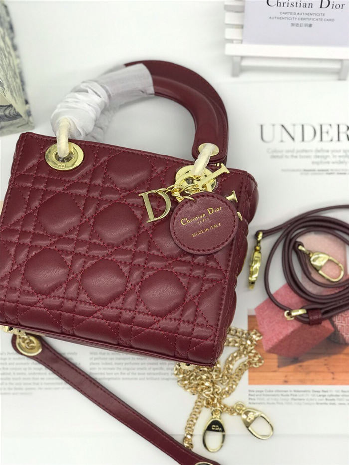 MINI LADY Dior BAG Burgundy Cannage Lambskin Gold Hardware mid