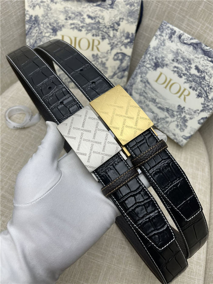 Dior BELT 35MM Calfskin Crocodile Black Gold High